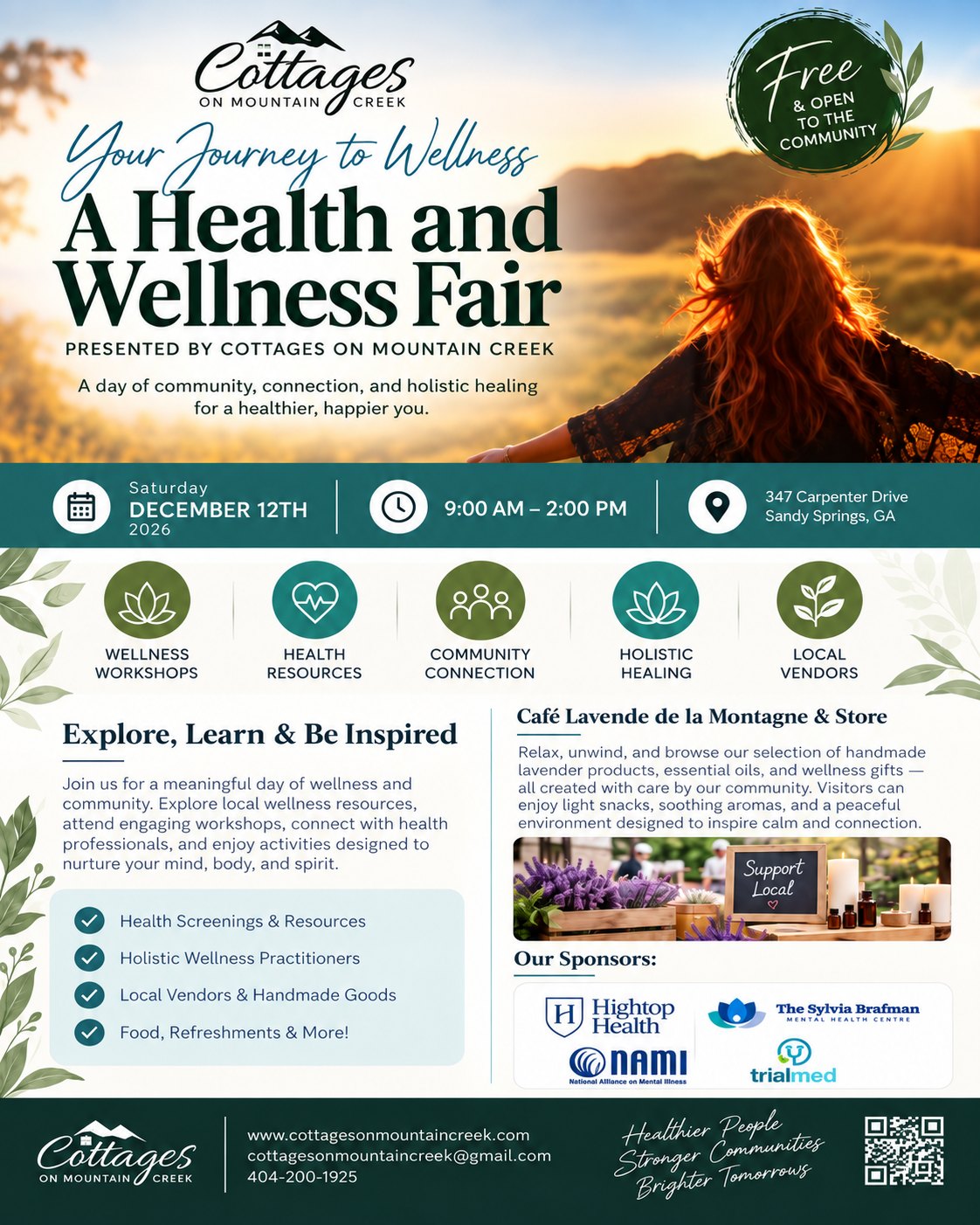 Health and Wellness Fair at Cottages on Mountain Creek, Saturday December 12, 2026, 9 AM to 2 PM, 347 Carpenter Drive, Sandy Springs GA. Free and open to the community.